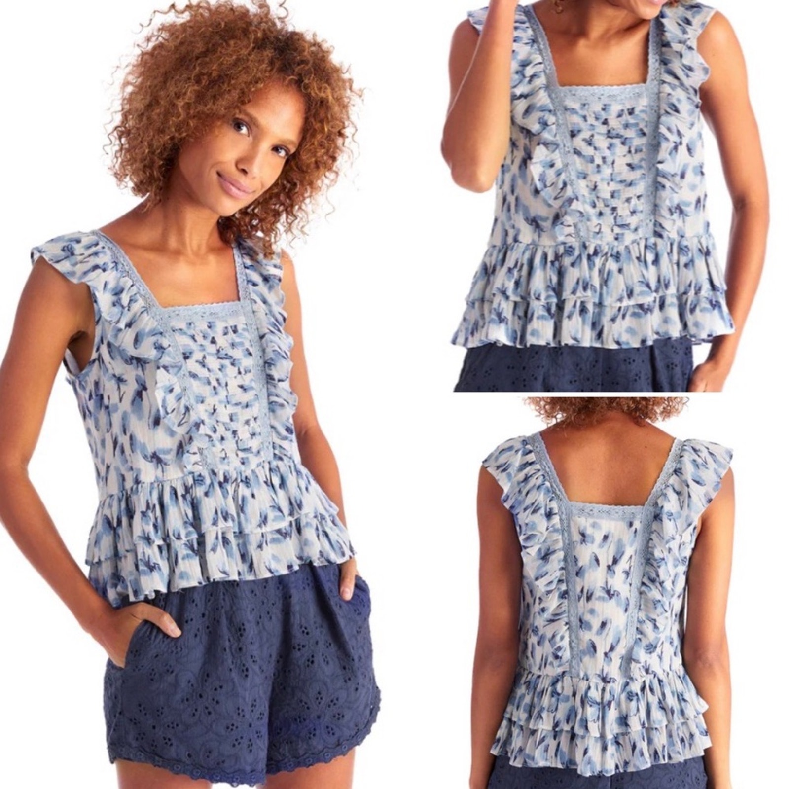 Allison New York $173 Blue White Quinn Ruffle Romantic Tank Xs